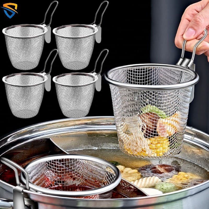 Cozinha Coador De Alimentos De Aço Inoxidável Cesta De Massa De Fervura Com Cabo Macarrão Para Fritar Malha De Arame Fin