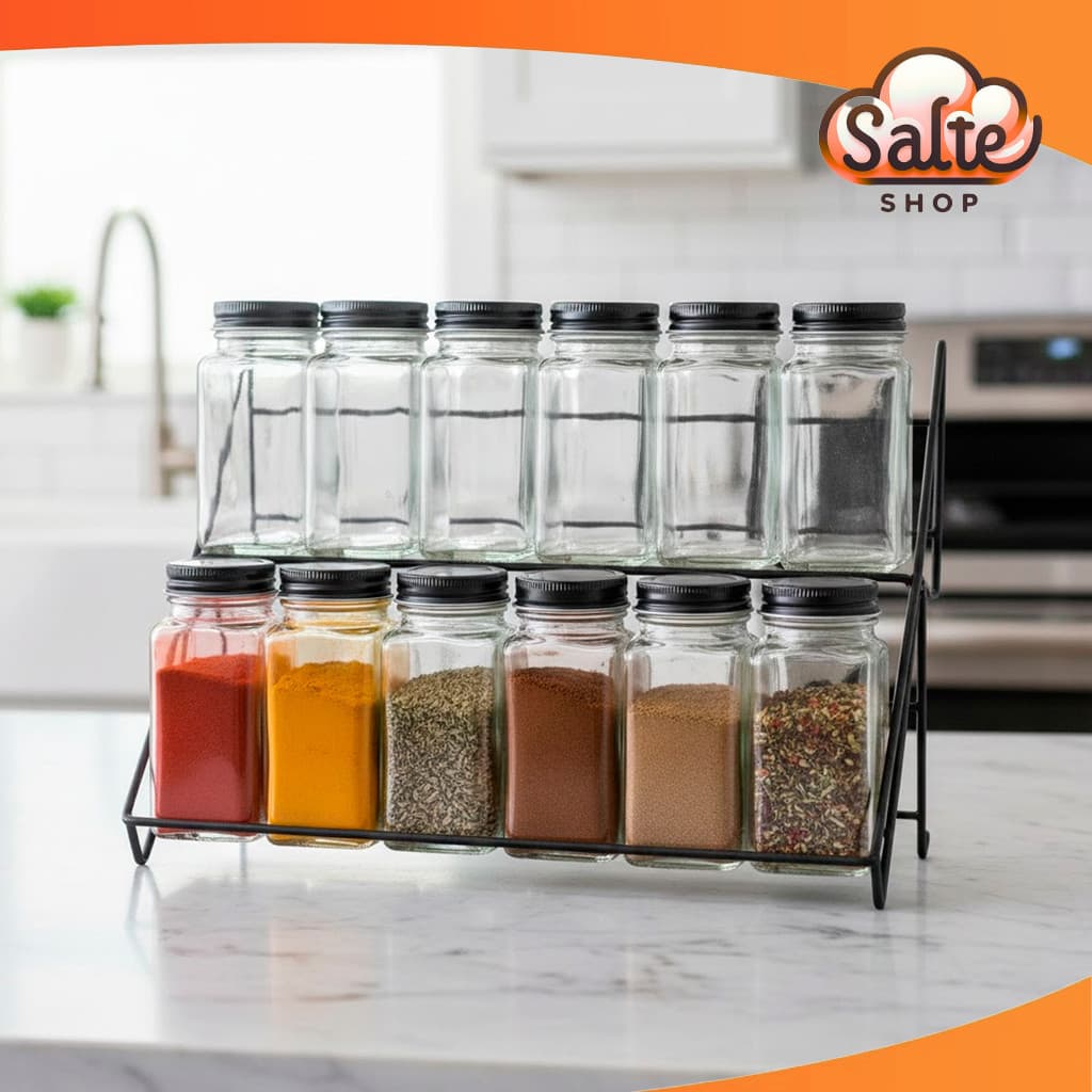 Kit Porta Temperos Condimentos 12 Potes Vidro 120ML Com Suporte Aramado Preto Cozinha Salte Oficial