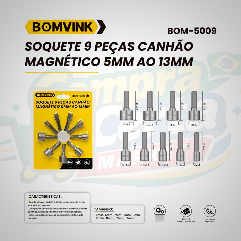 Jogo Soquetes Canhão Sextavado Parafusadeira - 9 Peças - Premium