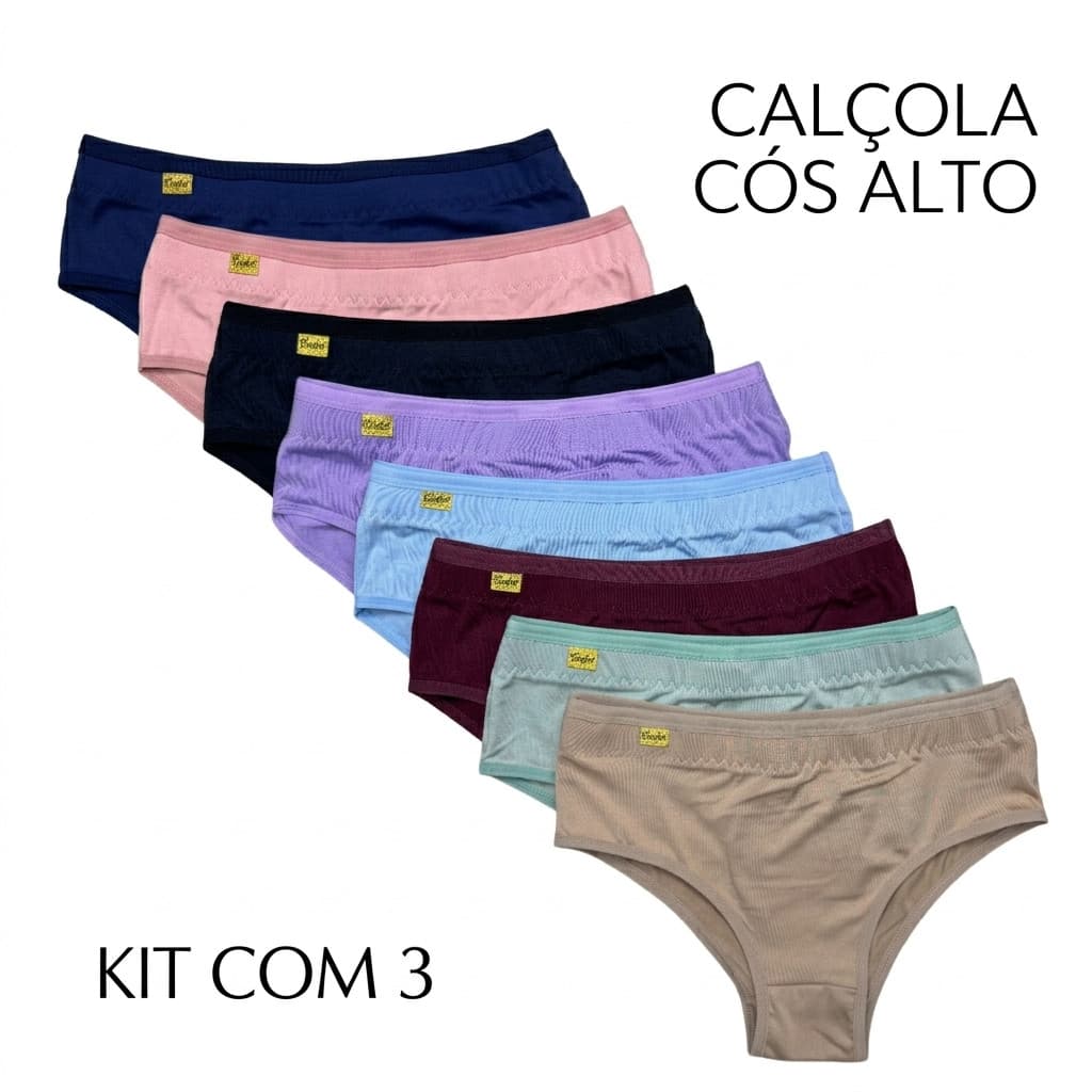 Kit 3 Calcinha Cintura Alta Cós Alto Segura Barriga Microfibra Conforto Reforçada