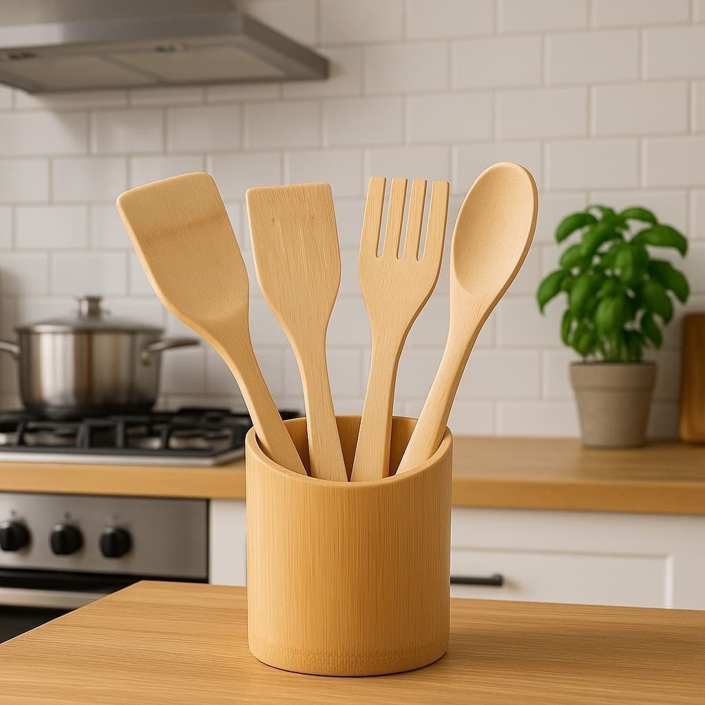 Kit Bambu 5 Peças Colher Espátula Natural Madeira Sustentável Cozinha Talheres