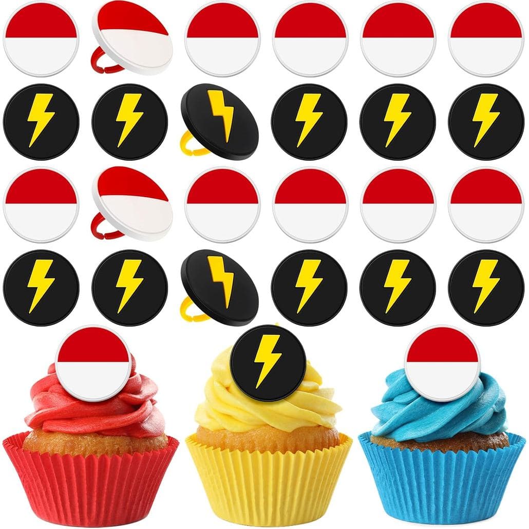 Honeydak 48 Peças Anéis de Cupcake Vermelho e Branco com Tema de Desenho Animado, Decorações de Aniversário com Tema de