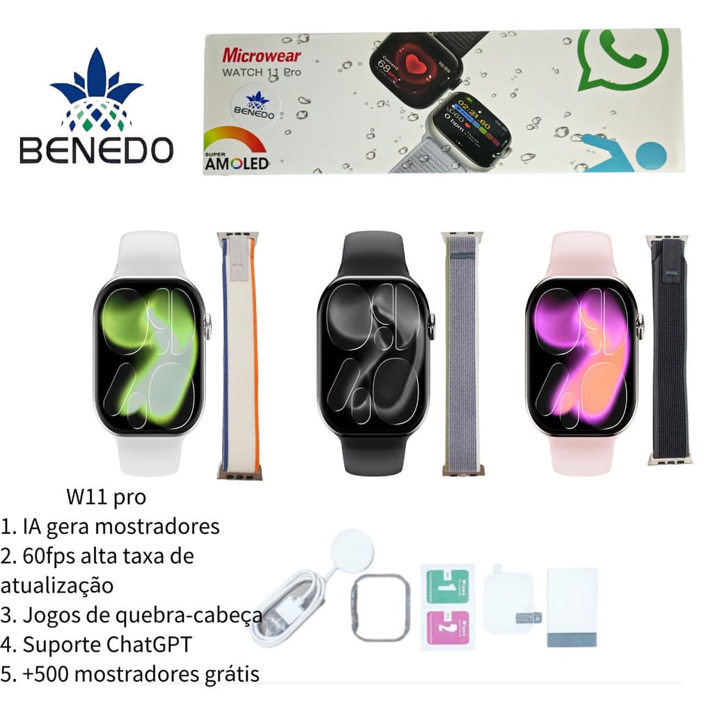 Smartwatch Relógio W11 Pro Series11 2026 2 Pulseiras ChatGPT 1GB Microwear Amoled 46mm IP68 GPS