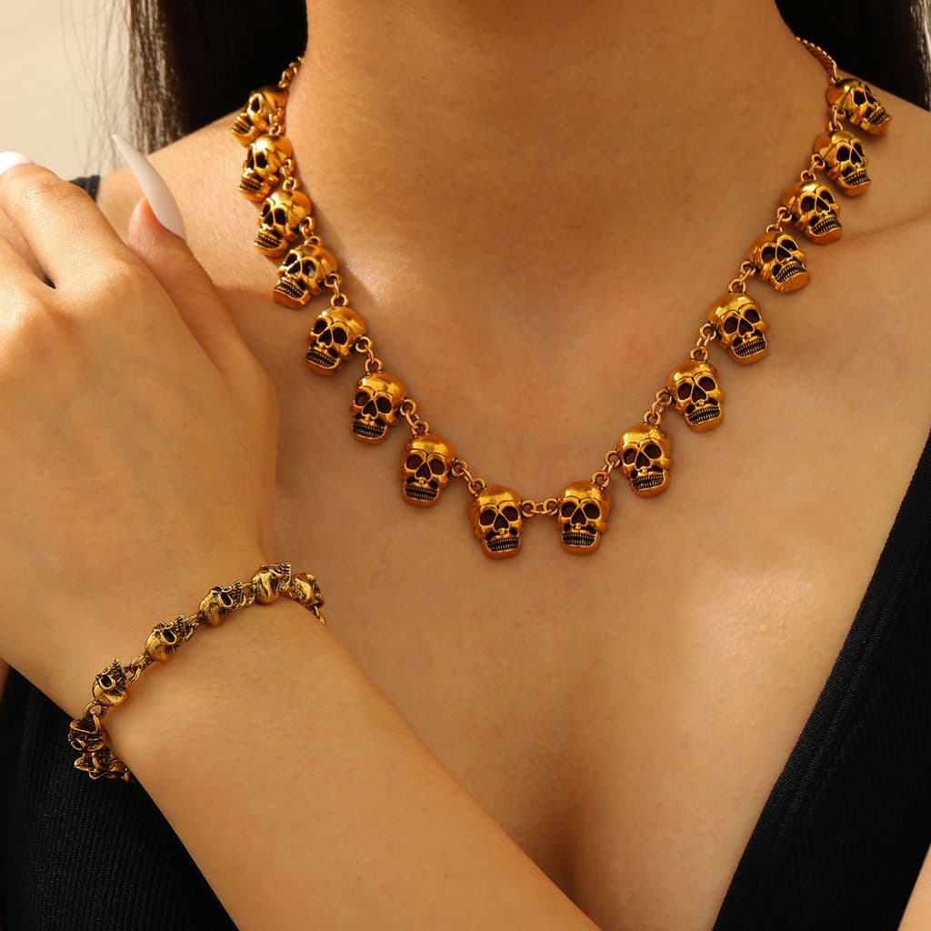 Halloween crânio colar pulseira conjunto feminino exagerado crânio clavícula corrente escuro gótico jóias