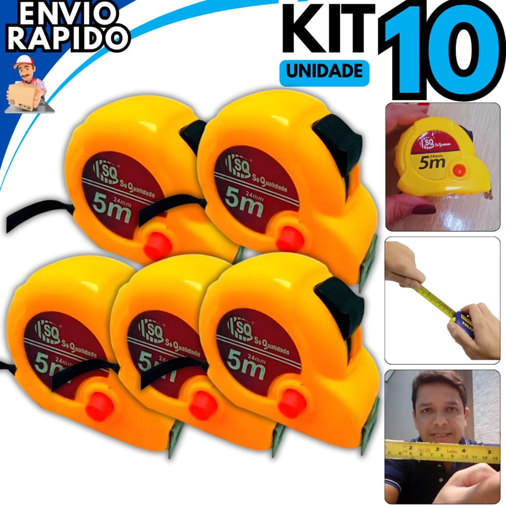 Kit 10 Trenas Métricas 5M Fita de Medição Profissional com Trava de Segurança