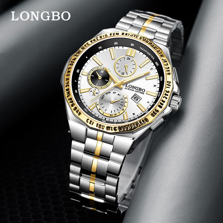 LONGBO LONGBO Relógio de aço inoxidável masculino Casual relógio de quartzo de três olhos relógio masculino à prova d'ág