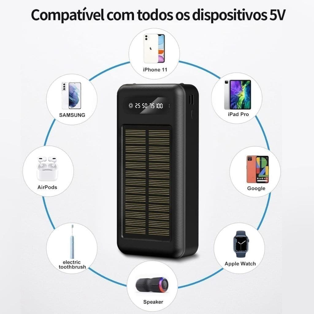 Carregador Portátil Power Bank Solar 20.000mah Com cabos 5 Em1 LED lanterna