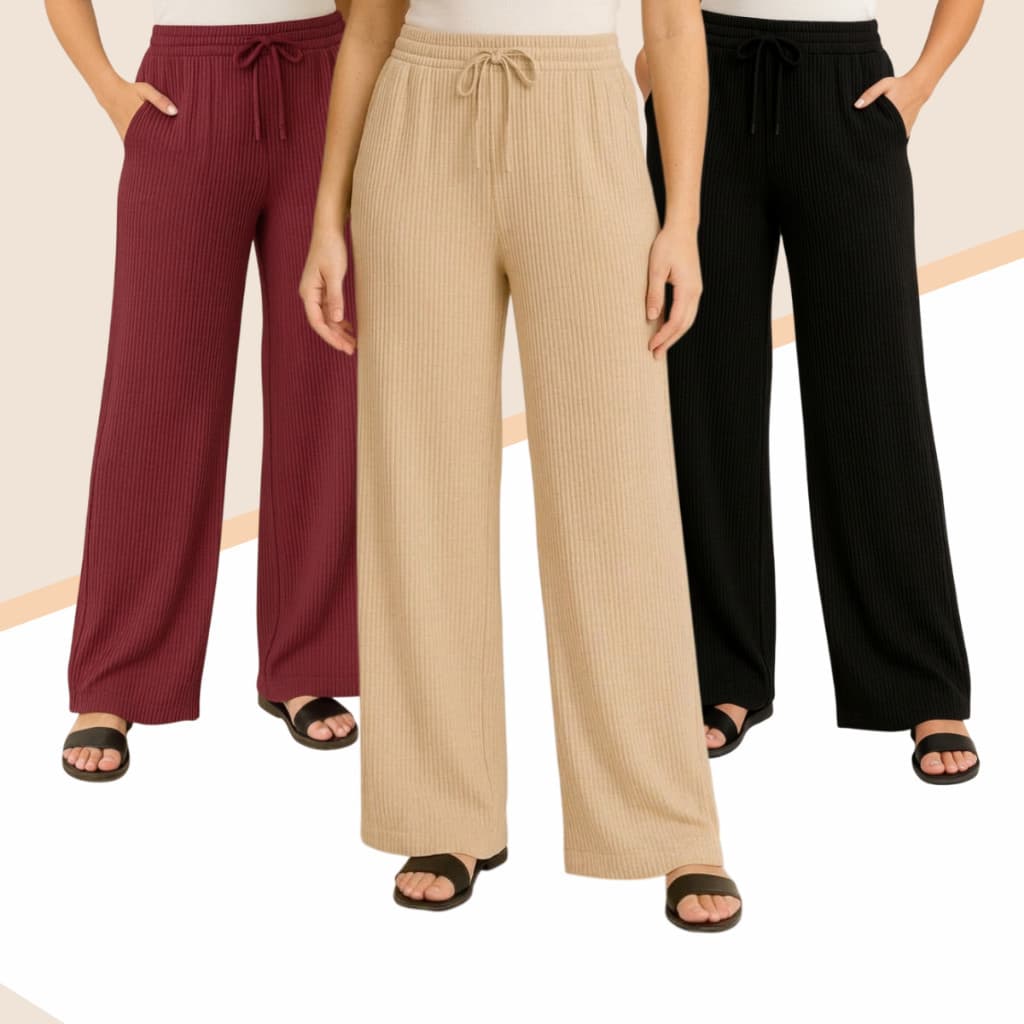 Calça Feminina Wide Leg Pantalona  Bolsos Frontais Malha Canelada Premium Conforto Casual
