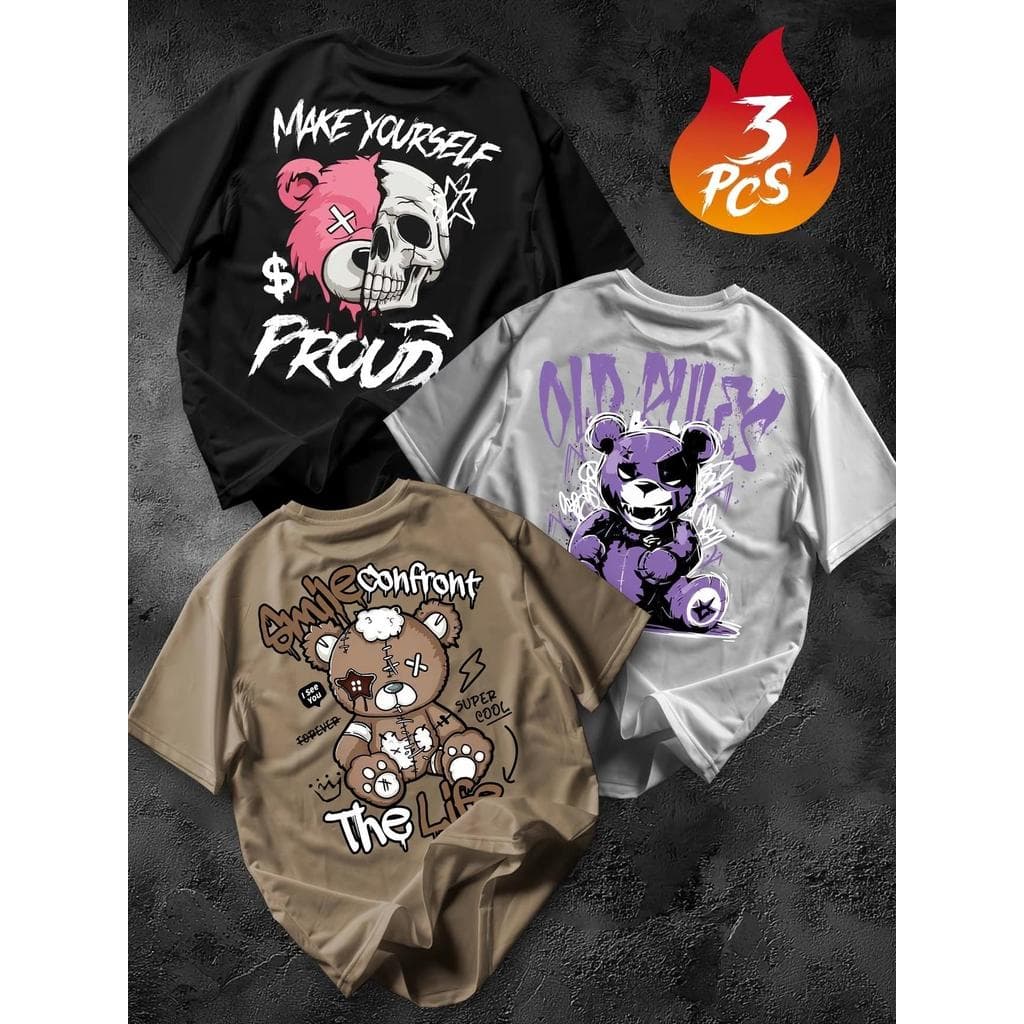 Kit 3 peças  Camiseta Masculina Algodão Premium Adulto Plus Size Infantil Streetwear Smile Marrom New Make Your Ursos