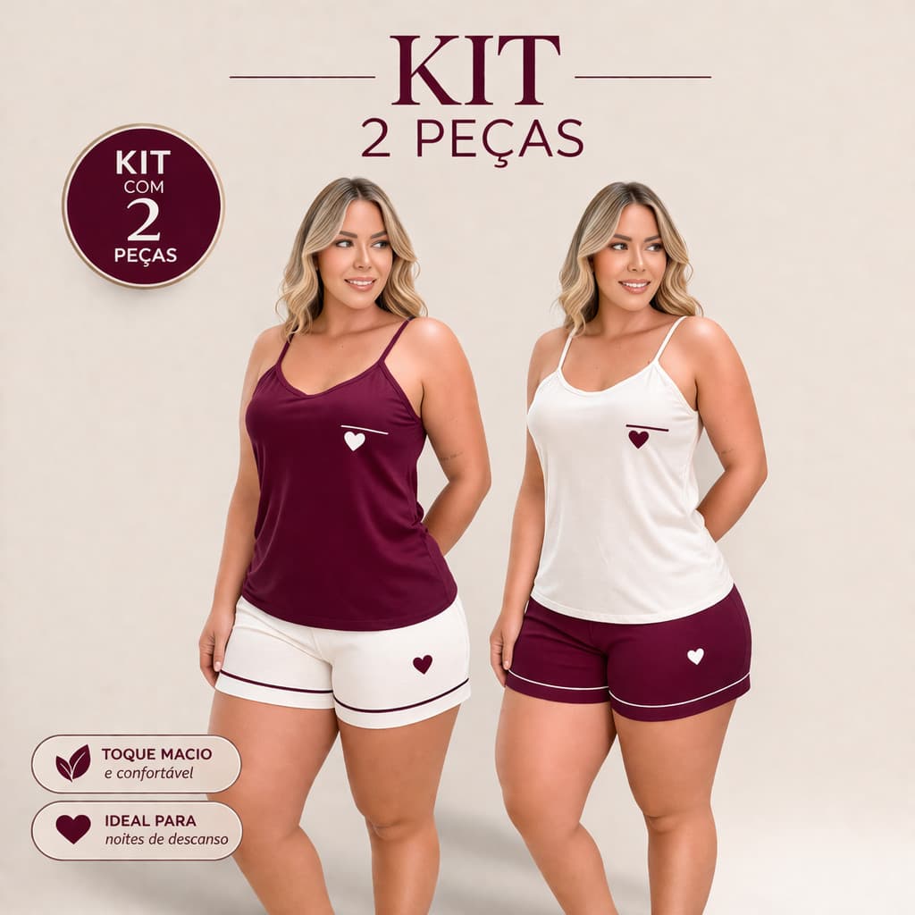 Kit 4 Peças Pijama Babydoll Feminino alcinha de Algodão confortável e Coração Roupa íntima de Dormir