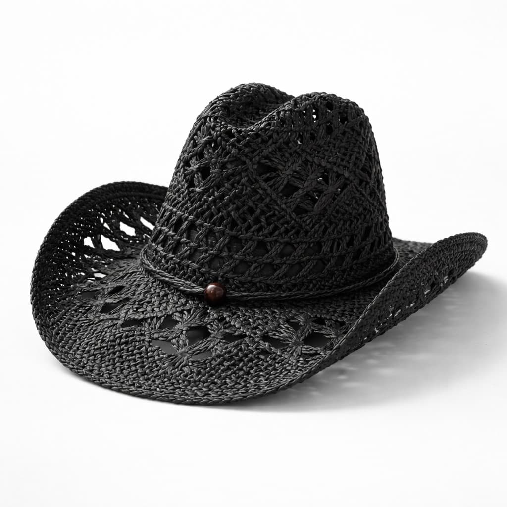 Chapéu Boho Gipsy Palha Natural Preto – Estilo Cowboy, Praia, Festa, Look Verão