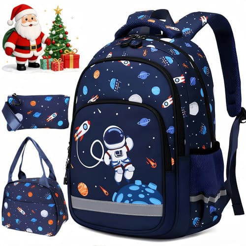 Kit Mochila Infantil Impermeável Com Lancheira E Estojo 3pcs Preto Astronauta