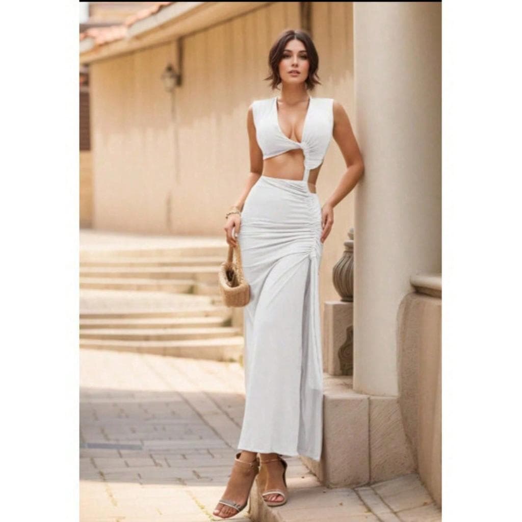 Vestido Midi Feminino com Fenda Detalhe Torcido Franzido Lateral Elegante