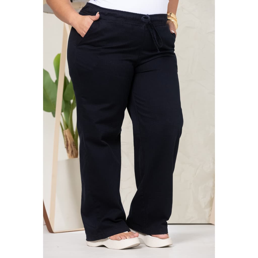 Calça Jeans Wide Leg Pantalona Plus Tecido Cordão Feminina