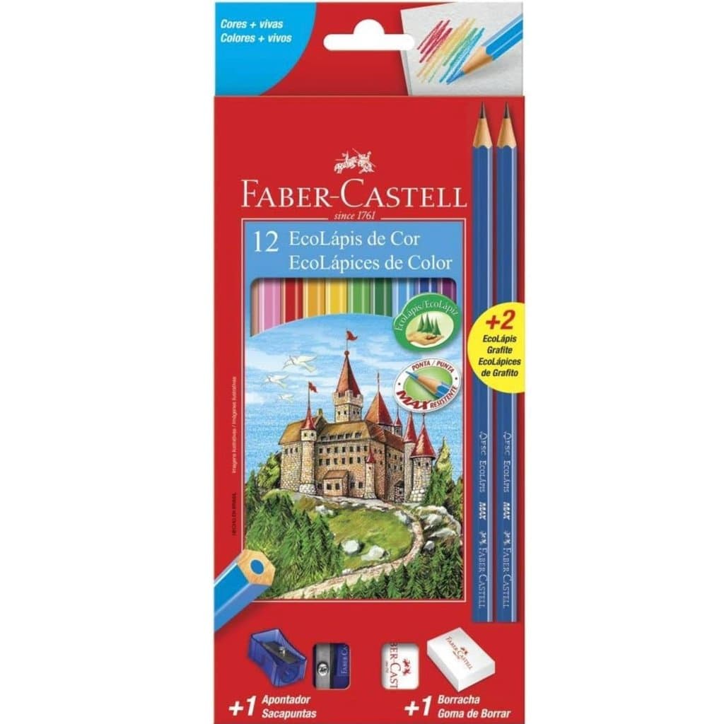 Lápis de Cor 12 Cores Faber- Castell - Kit com Apontador, Borracha e 2 lápis grafite