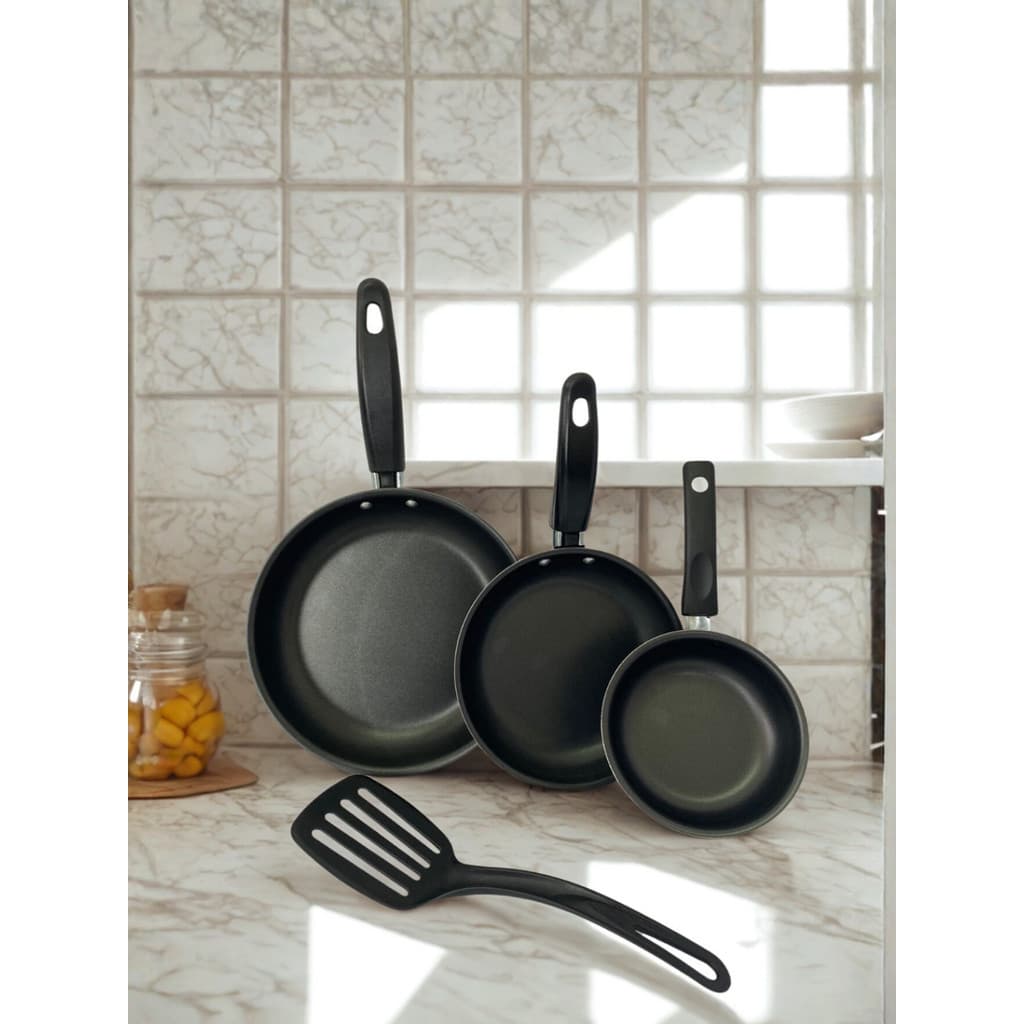 Conjunto de Frigideiras Francesa 3 Peças Preta Antiaderente Jogo 3 Frigideira + Espátula