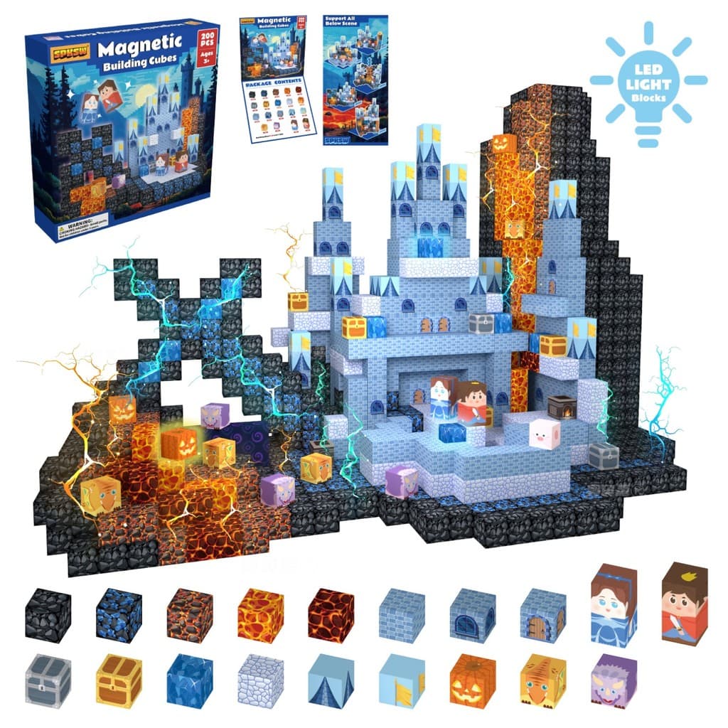 200 Pcs DIY Blocos De Construção Magnéticos Do Castelo Azul Com 4 Peças De Gelo Brilhante De LED E Abóbora Brinquedo Edu