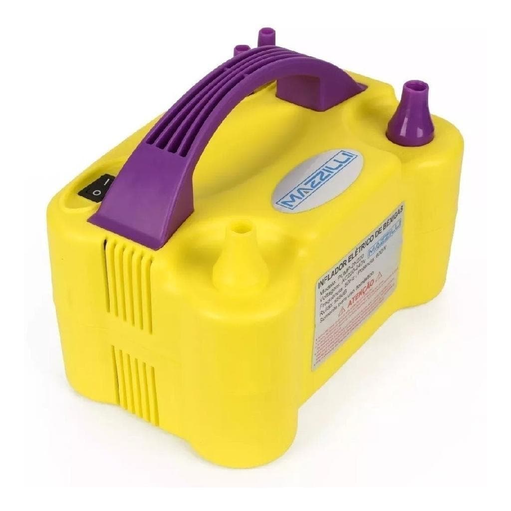 Inflador Elétrico de Balões 2 Bicos 600W Amarelo 127v Bomba de Encher Bexiga Festa Aniversário Mazzilli