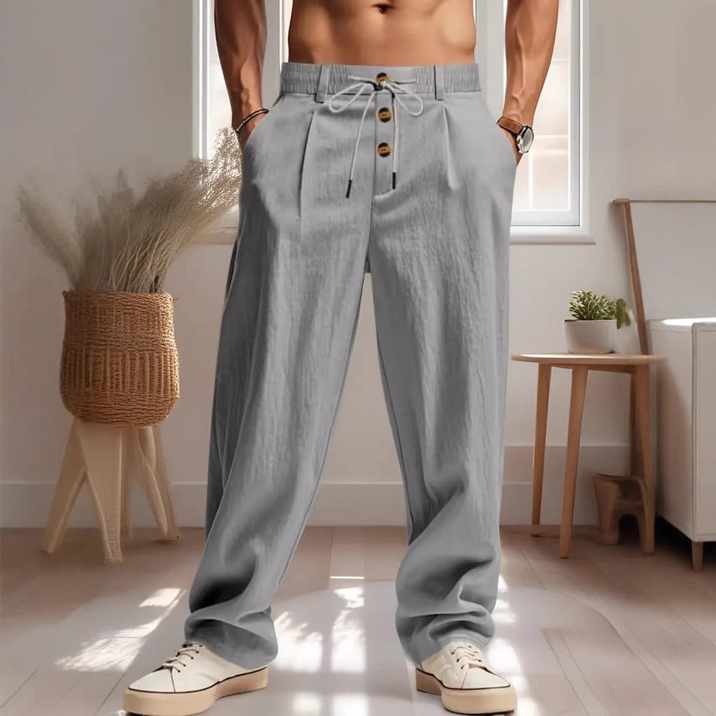 Novas calças esportivas casuais soltas de linho respirável masculina
