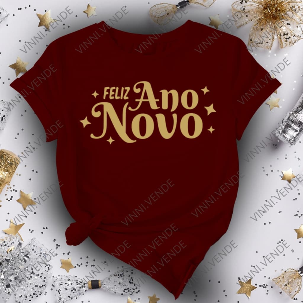 Camiseta Feliz Ano Novo Estampa Dourada Blusa 100% Algodão Unissex Festas Fim De Ano Conforto 30.1