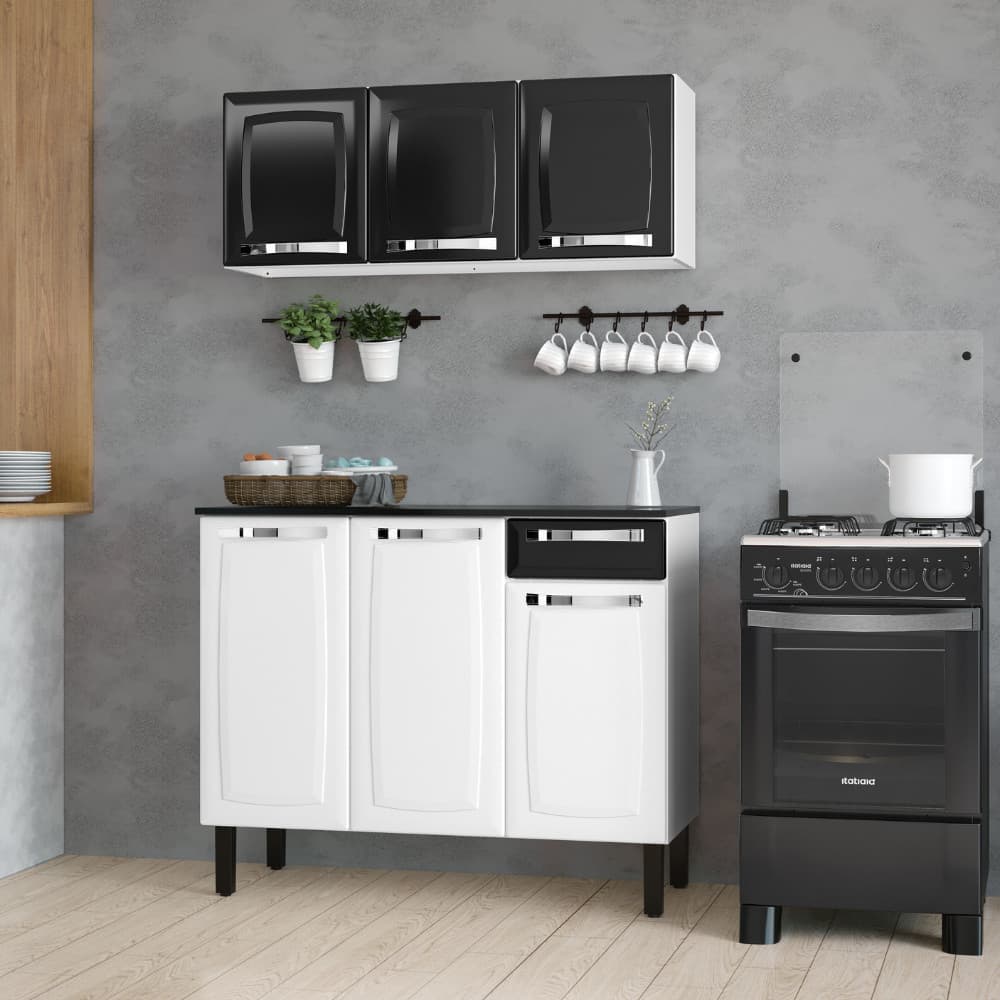 Kit Cozinha Itatiaia Rose Aço 105cm Balcão 3 Gavetas 1 Porta + Armário Aéreo 3 Portas