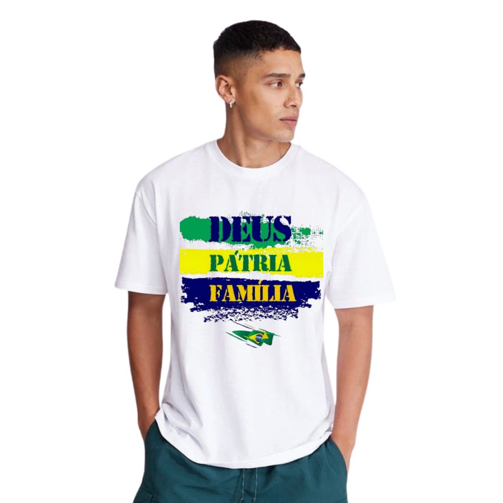 Camiseta Unissex Deus Pátria e Familia Bolsonaro Direita Brasil Acima de Tudo Deus Acima de Todos
