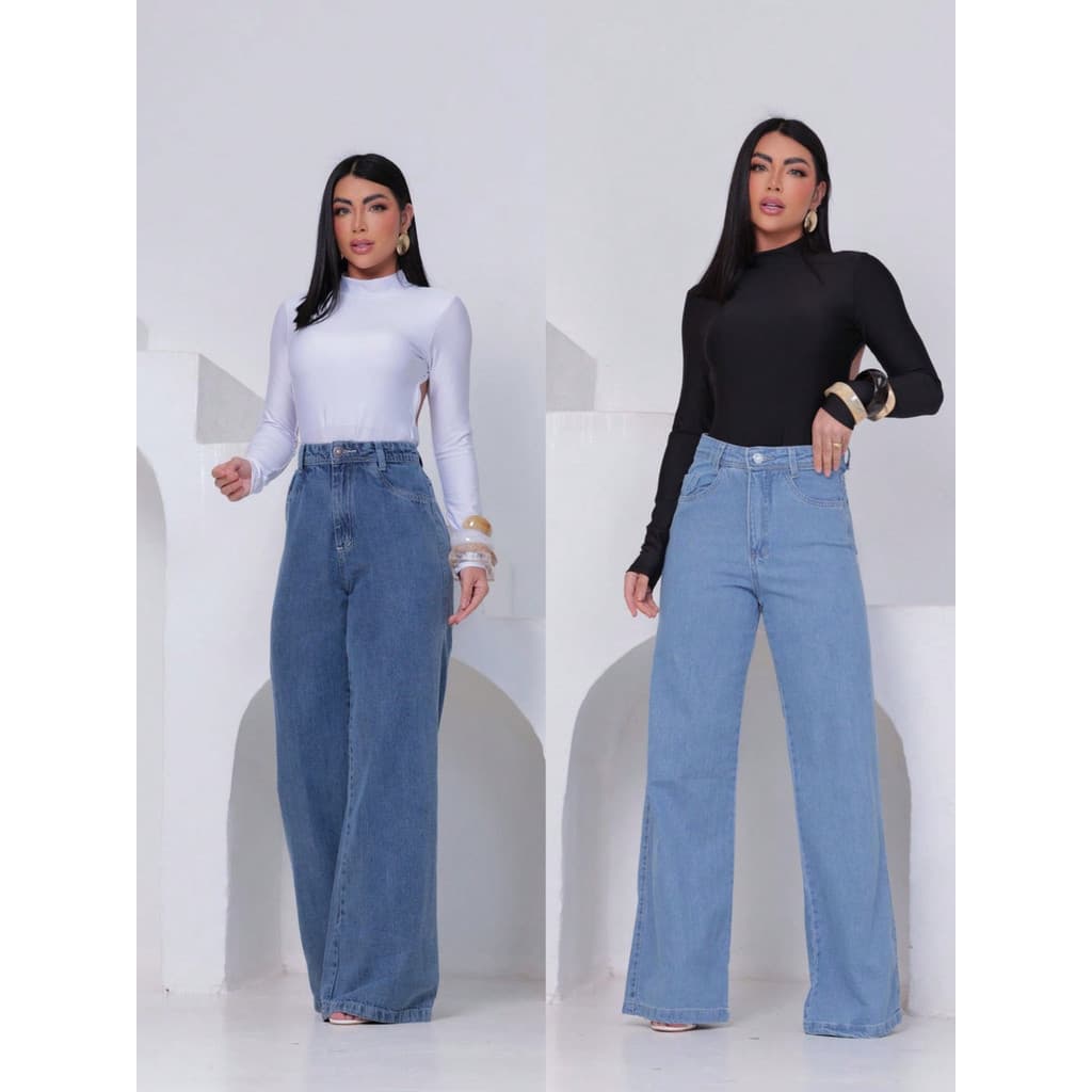Kit 2 Calças Jeans Feminina Wide Leg Cargo Cintura Alta Bolsos Laterais Casual Streetwear 36 Ao 44