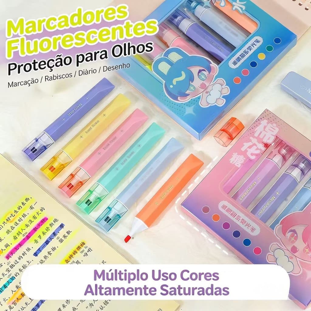 Kit com 6 marcadores coloridos de ponta macia - Duráveis, com tons suaves, perfeitos para estudar.