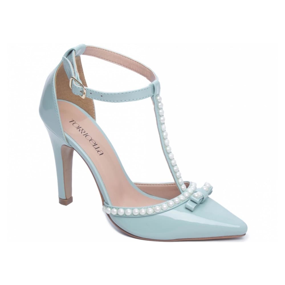 Sapato Scarpin Salto Alto Ajuste Fivela  Bico Fino Verniz Azul