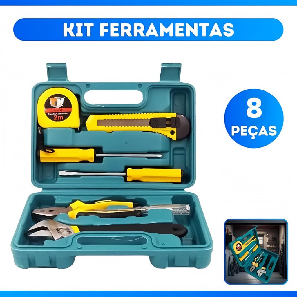 Kit Ferramentas Com 8 Peças Alicate Chaves Fenda E Philips Trena Testador Estilete E Chave Inglesa + Maleta