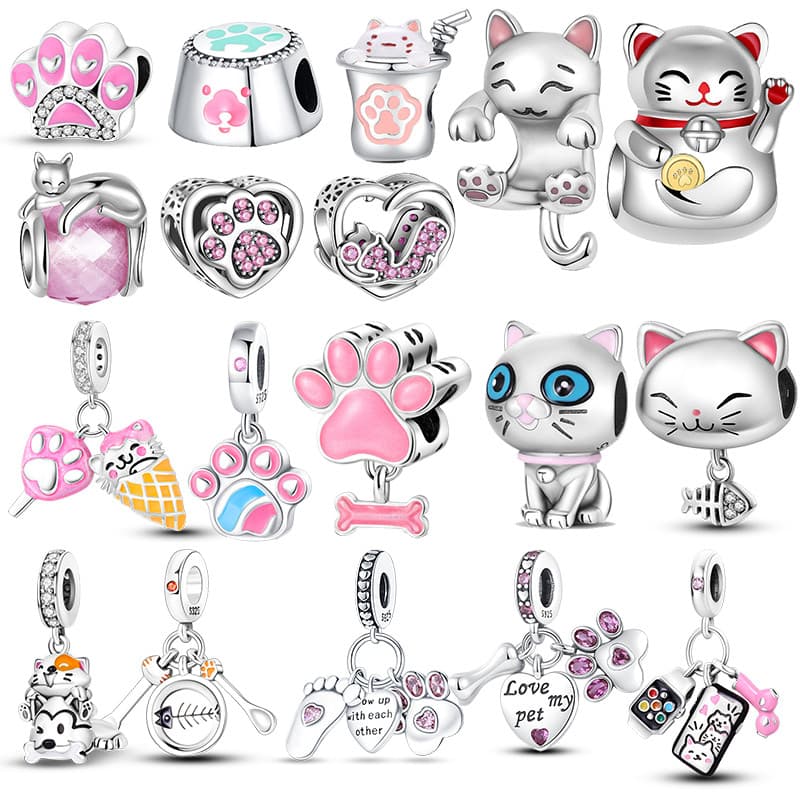 Encantos Charme 925 Prata Série Gato E Cão Melhor Amigo Durante A Configuração Pulseira De Diâmetro Com Furo De 4MM