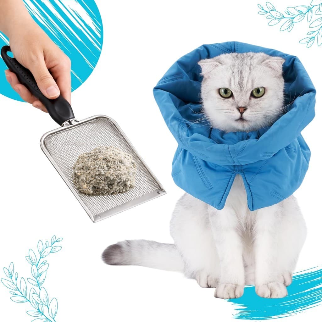 Kit Essencial Gatos Pá Higiênica Malha Fina para Areia + Colar Protetor Confortável Pós-cirurgico