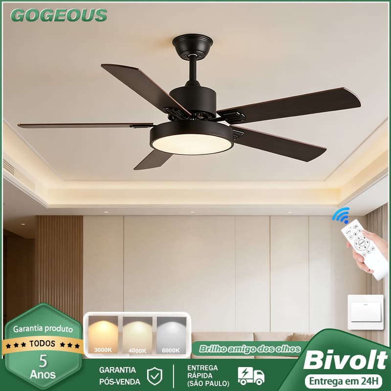 110V-220V Ventilador de Teto De Teto Com Luz LED 3 Cores Sala de Estar Quarto Bivolt Motor CC Silencioso