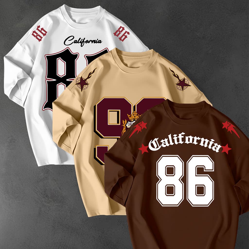 Kit 3 Camisetao Oversized Streetwear Estampa California 86 96 Unissex Manga Curta Moda 100 Algodao
