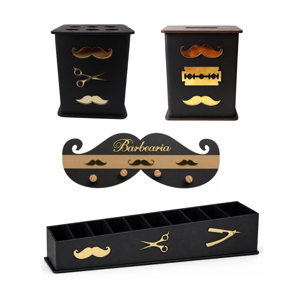 KIT Organizador Barbearia Cabideiro Dourado Descarte Laminas Porta Tesouras Porta Pentes