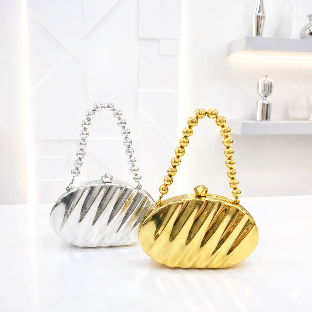 Bolsa Feminina Clutch Festa Elegante Metalizada Dourada e Prata Alça de Mão