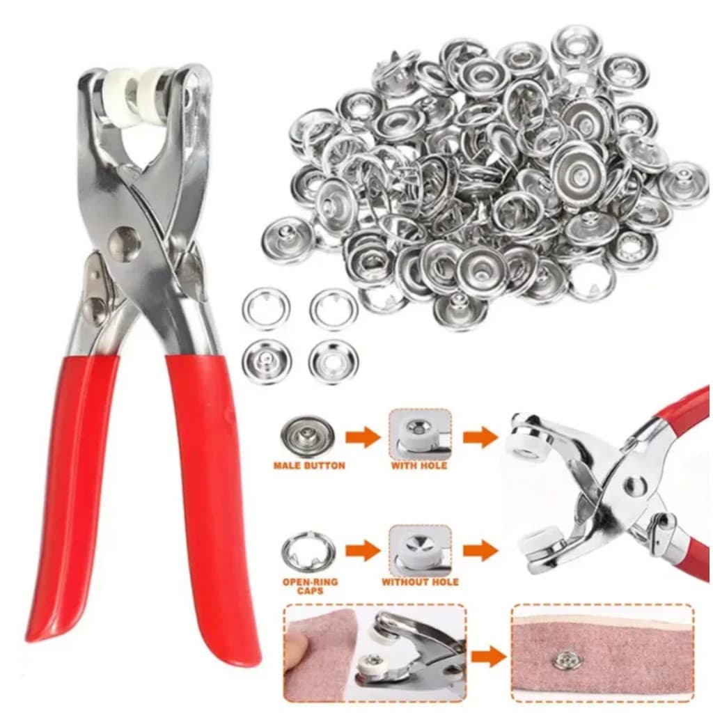 Alicate Aplicador Para Botao De Metal De Pressao Roupa Bebe com 100 botões de roupas ATLAS