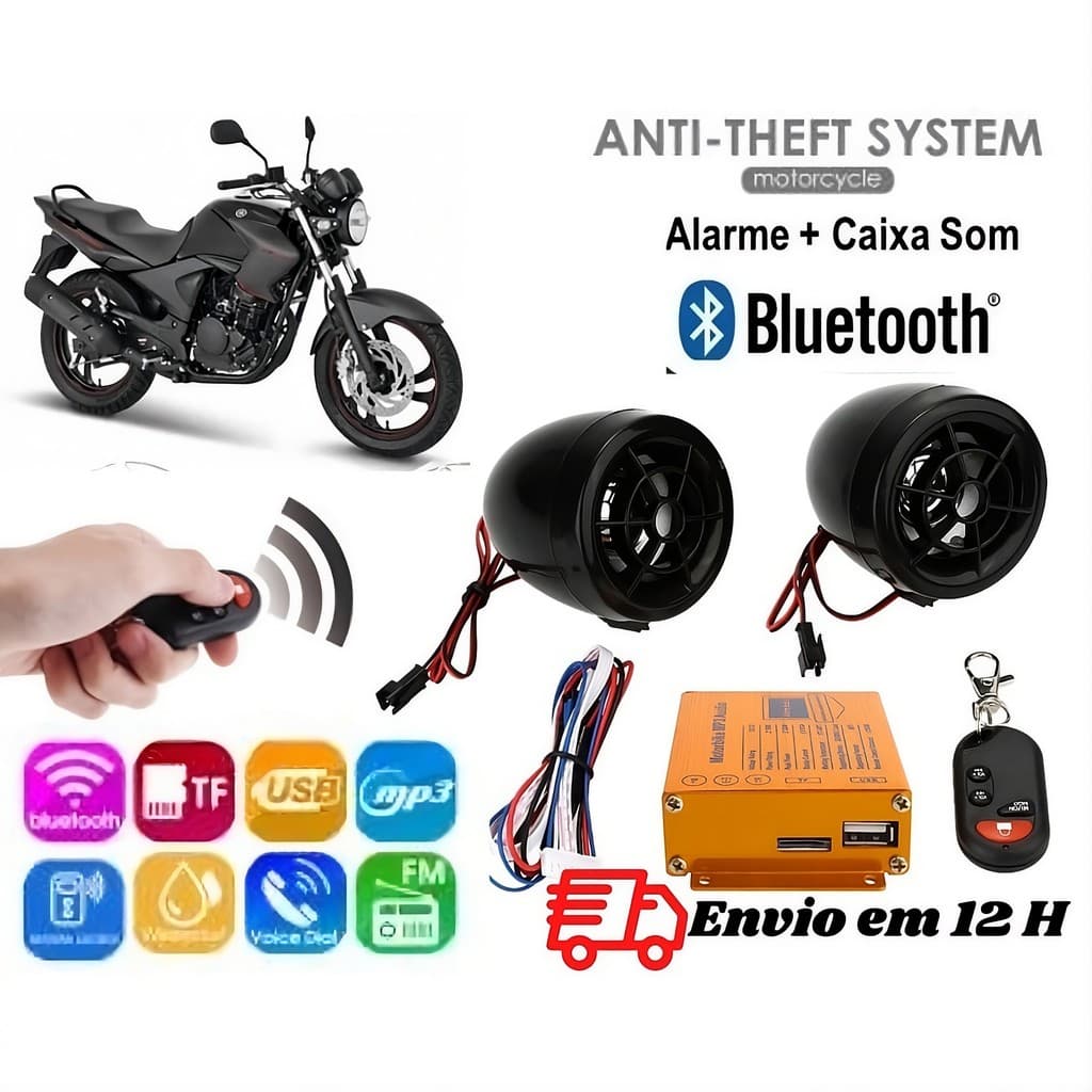 CAIXA DE SOM PARA MOTO BLUETOOTH MP3 FM SD USB ALARME CONTROLE REMOTO POTÊNCIA ALTA PARA AVENTURA E VIAGENS