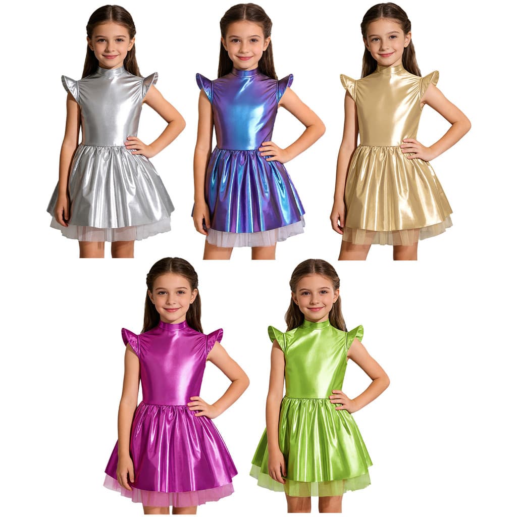 inhzoy Crianças Meninas Alien Dress Up Trajes Iridescente Brilhante Mock Neck Manga Voadora Costas Zíper Invisível Vesti