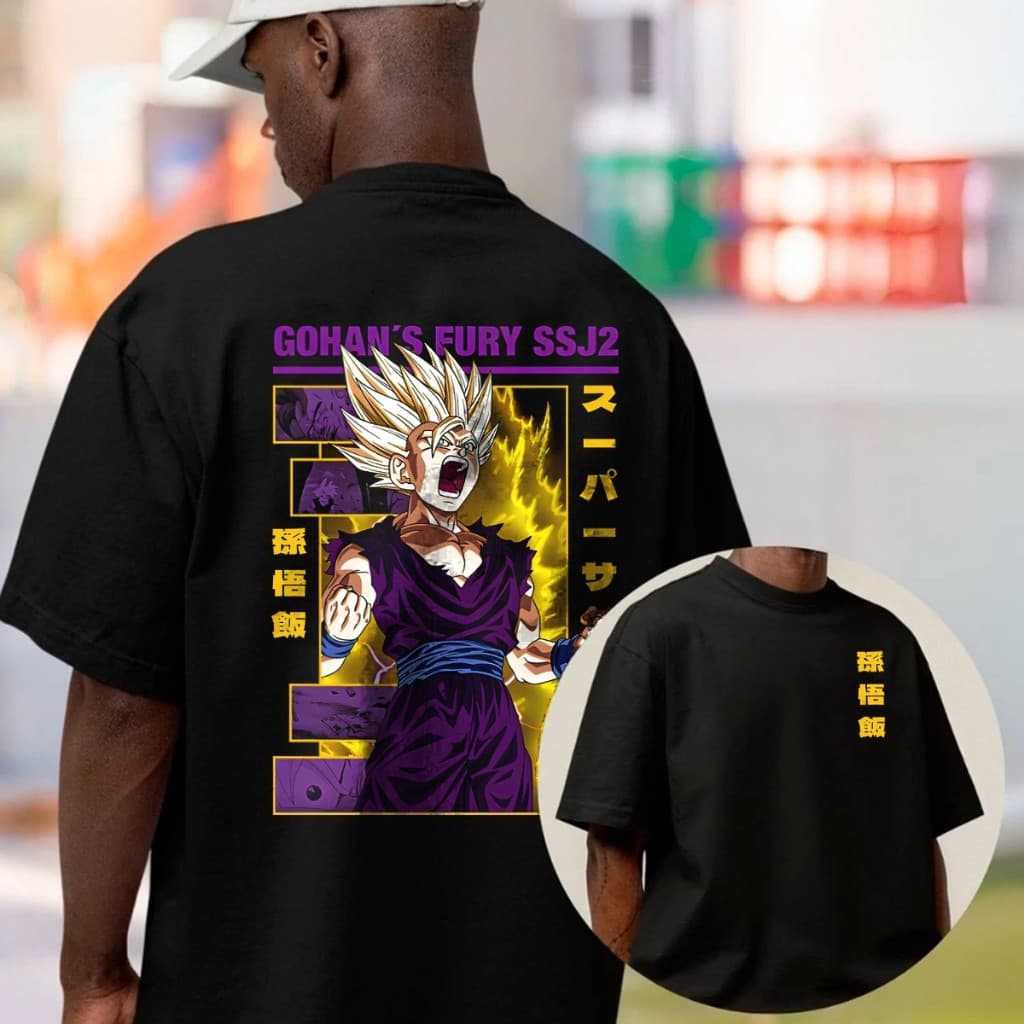 Camiseta Masculina 100% Algodão Dragon Ball Gohan Fury SSJ2 Halftone Estampa DTF
