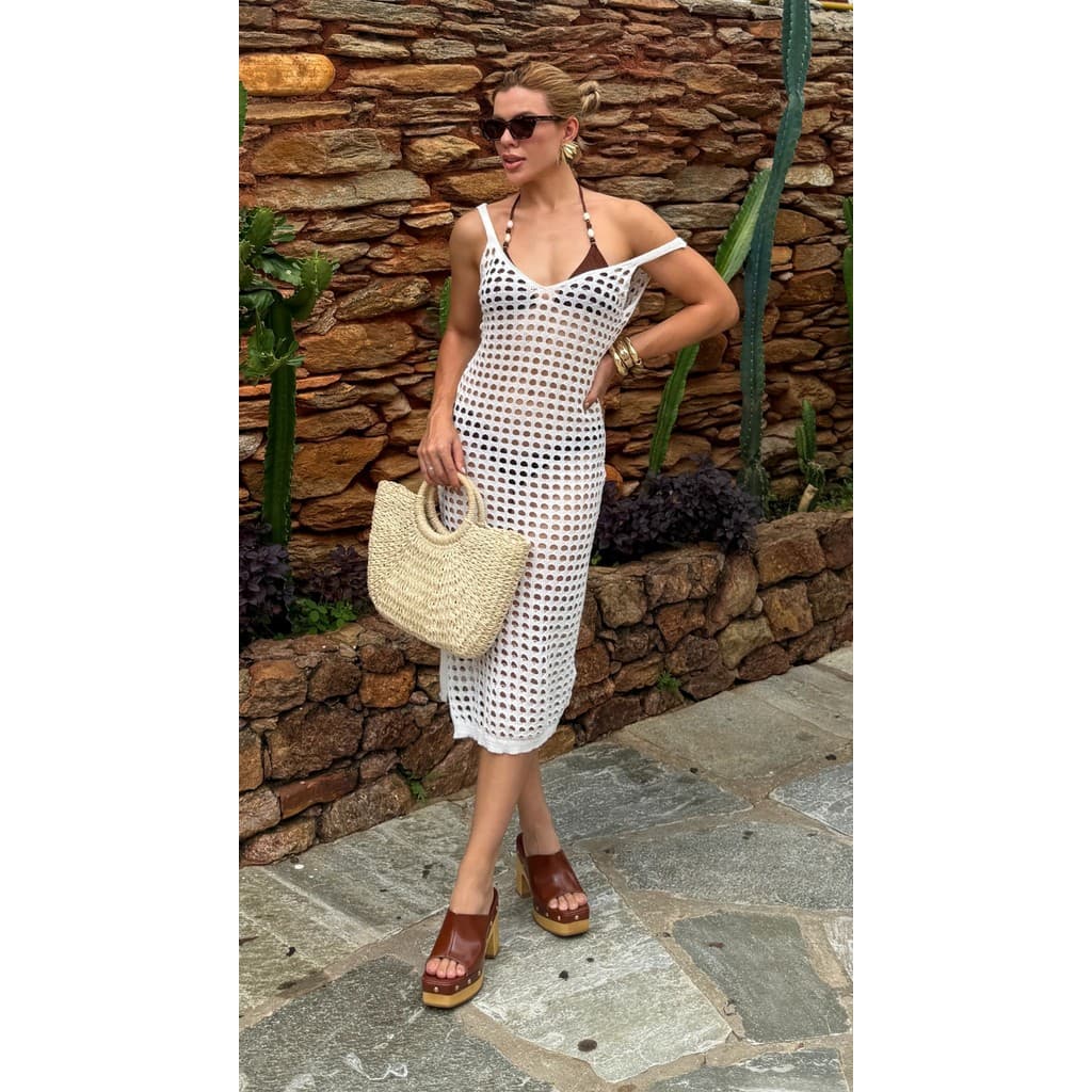 Saída de Praia Vestido Midi Tricot Com Fenda Lateral Feminina Tendência Elegante