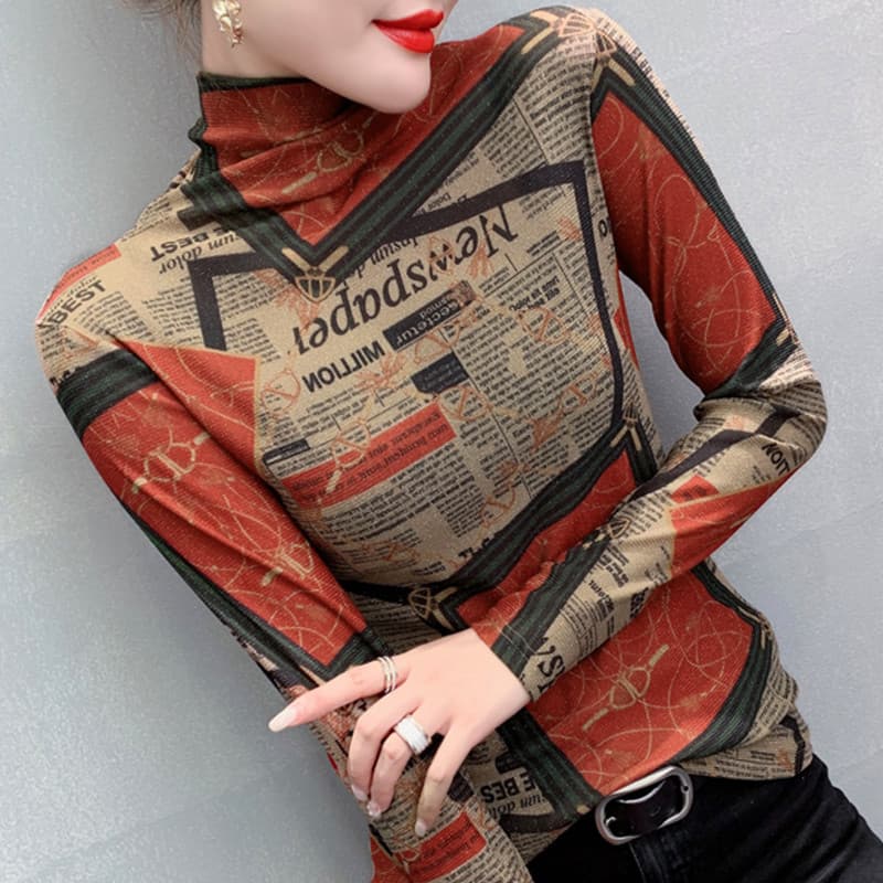 Flor cor de manga comprida camiseta feminina bens europeus outono inverno novo estilo moda gola alta impressa magro-ajus