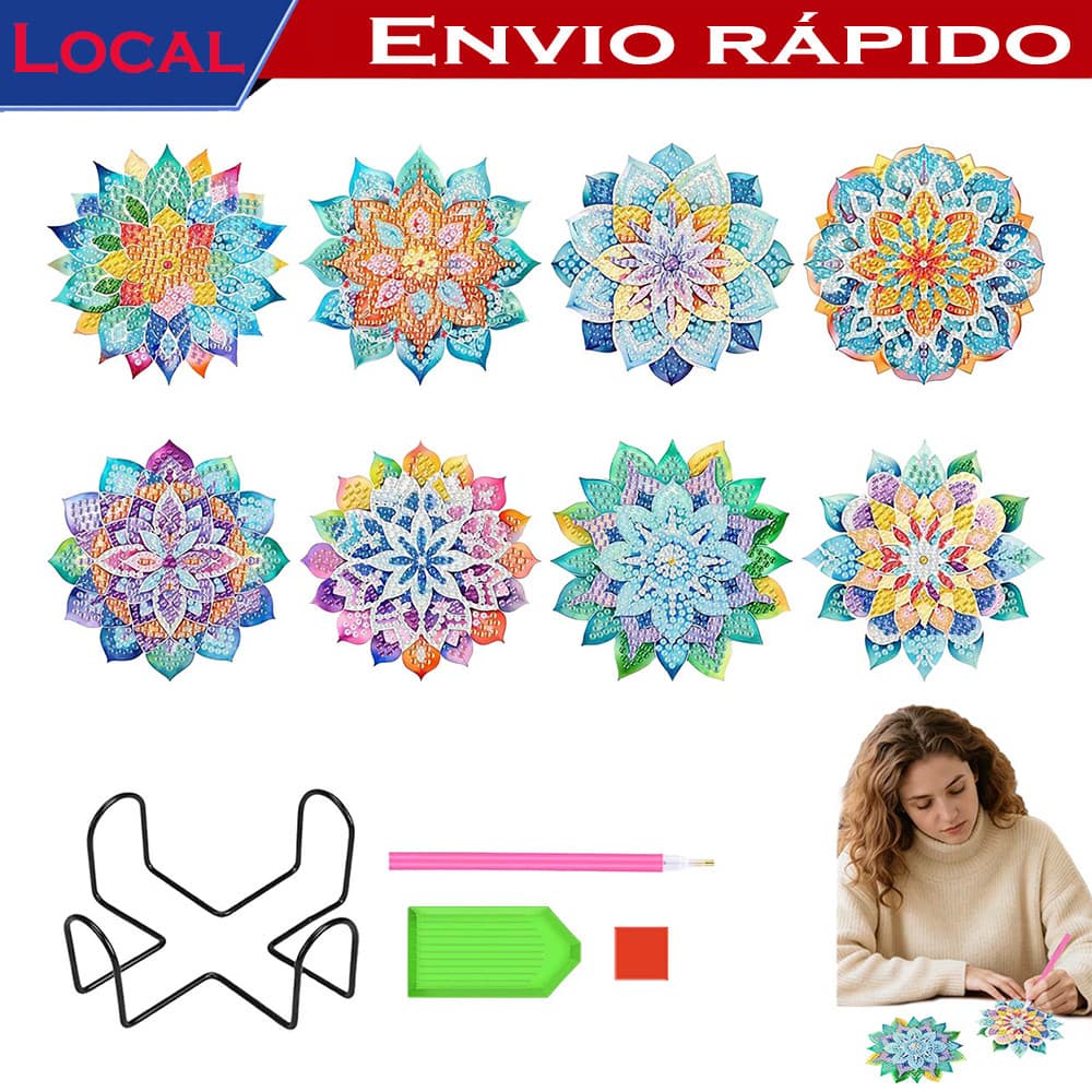 Kit Porta-copos Pintura Diamante Suculentas 8 un. c/ Suporte - Inclui Cola, Caneta e Bandeja, Atividade Relaxante