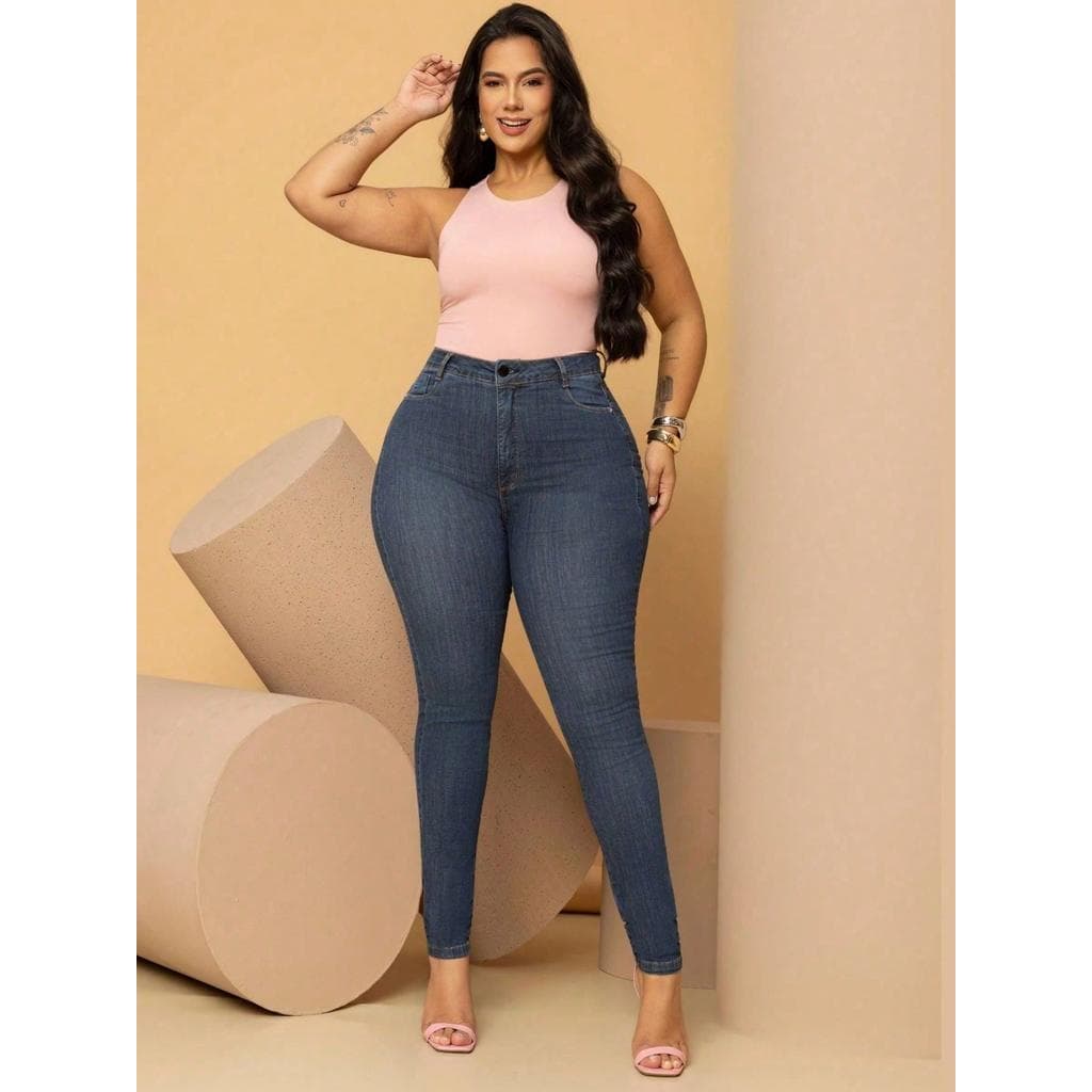 Calca Jeans Skinny Plus Size Azul Modeladora Lycra Cintura Alta