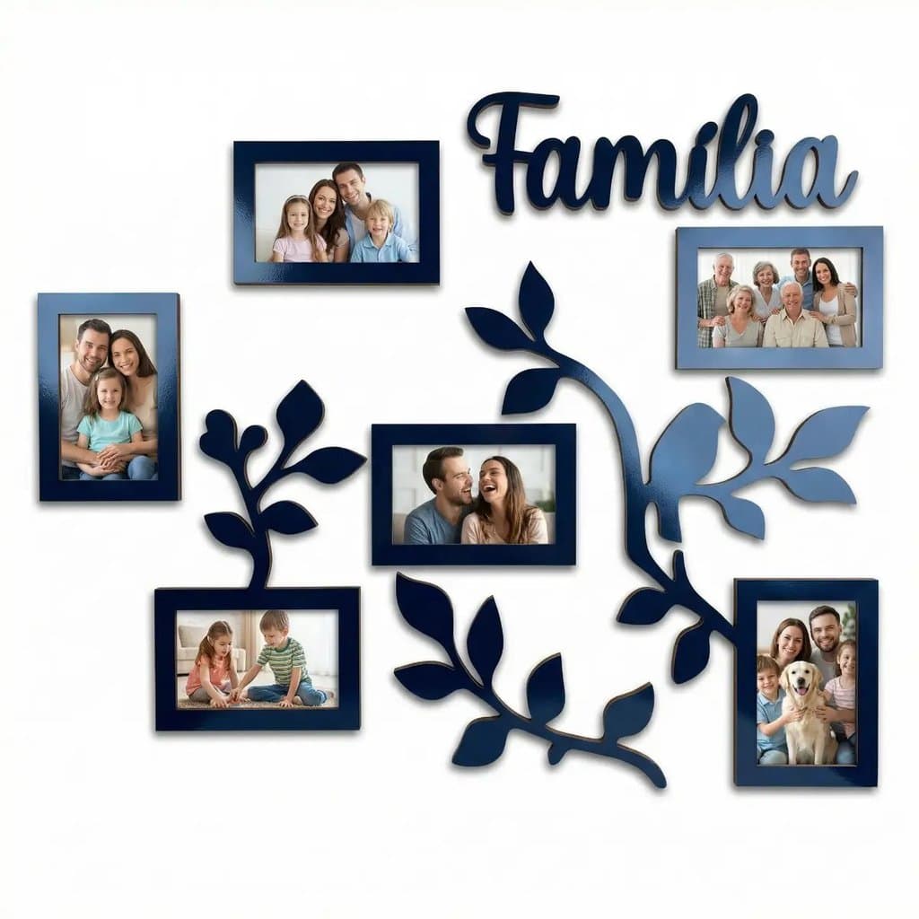 Quadro Decorativo Família Árvore Genealógica MDF Preto Porta Retrato Parede para 6 Fotos Decoração Sala