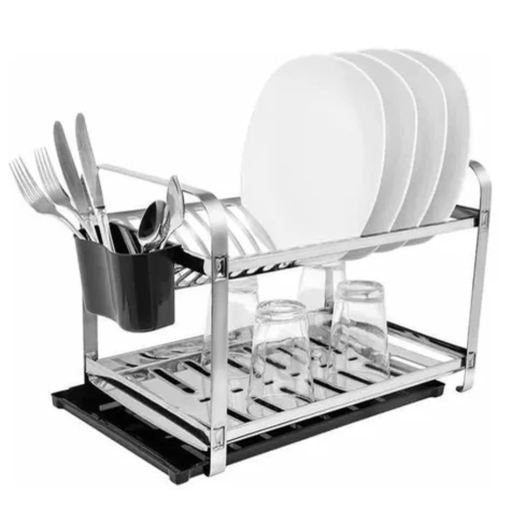Escorredor de Louça em Aço Inox Para 20 Pratos Com Porta Talheres 2 Andares Mak Inox
