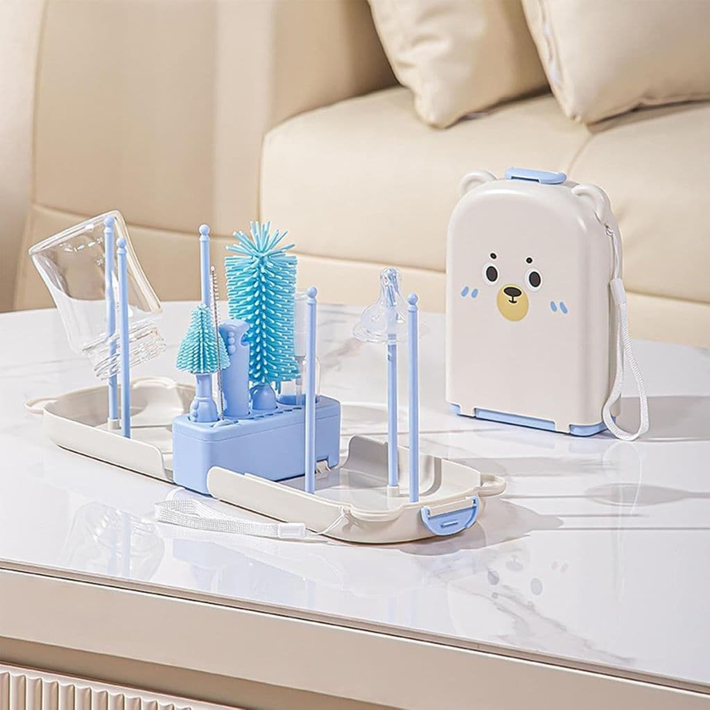 Kit Limpeza Mamadeira Bebê Portátil Escovas + Suporte Secador Compacto para Viagem