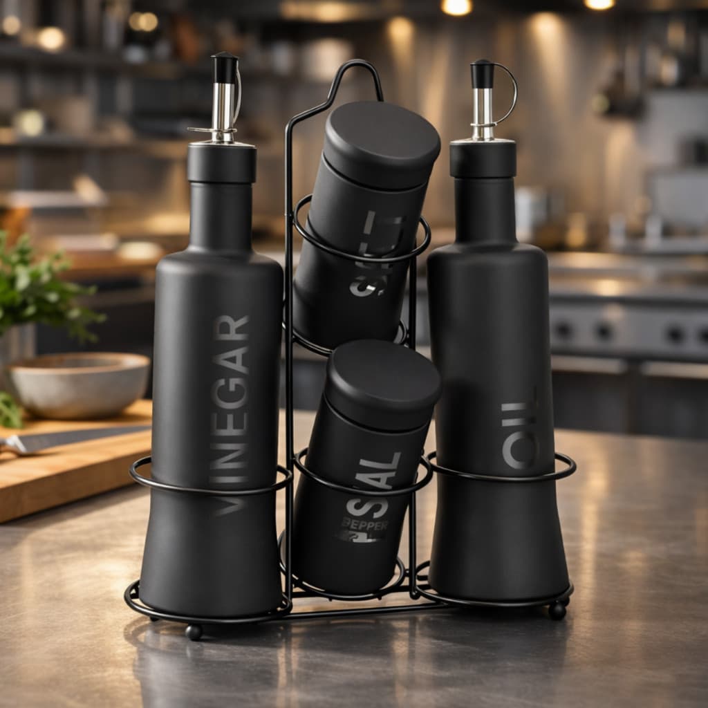 Kit Galheteiro Vidro 5 Peças Azeite Vinagre Saleiro Pimenteiro com Suporte Porta Temperos