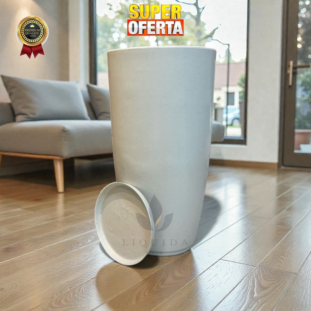 Vaso Coluna Redonda Polida Marmorizada N4 Com Prato Decorativo Polietileno Para Plantas e Flores Luxo Sala Jardim