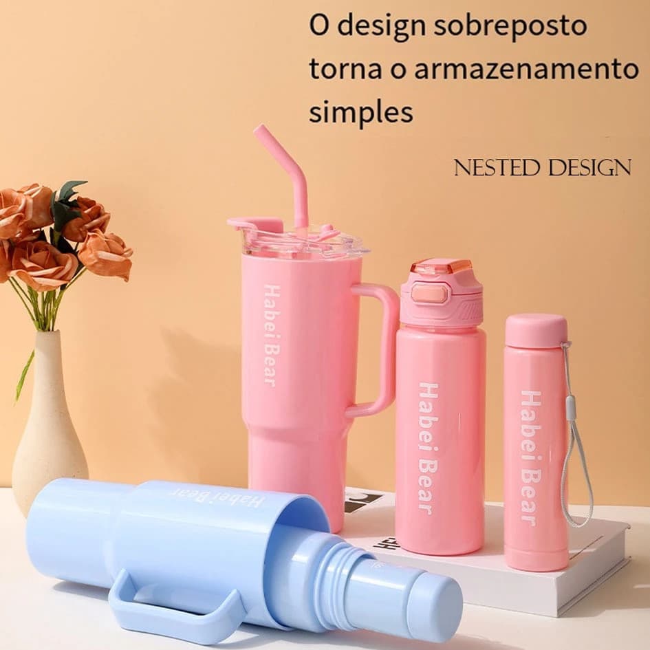 Kit 3 Garrafa Copo Tendência Agua Squeeze Com Adesivos Lembretes beber Agua 1.2L e 800ml e 300ml Bosco.loja